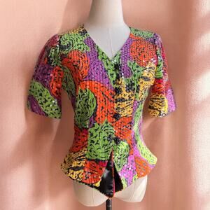 Vintage 80s Rimini Sequin Jacket Top | Psychedelic Print | Size 8